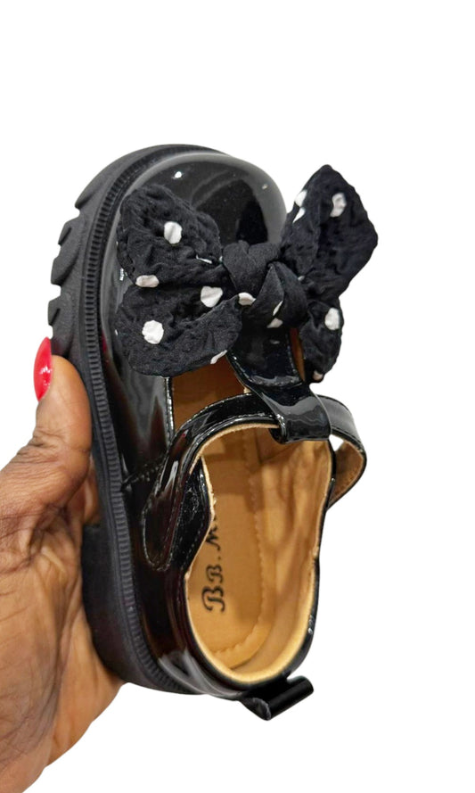 Patent Black Mary Jane Shoes with Polka Dot Bow