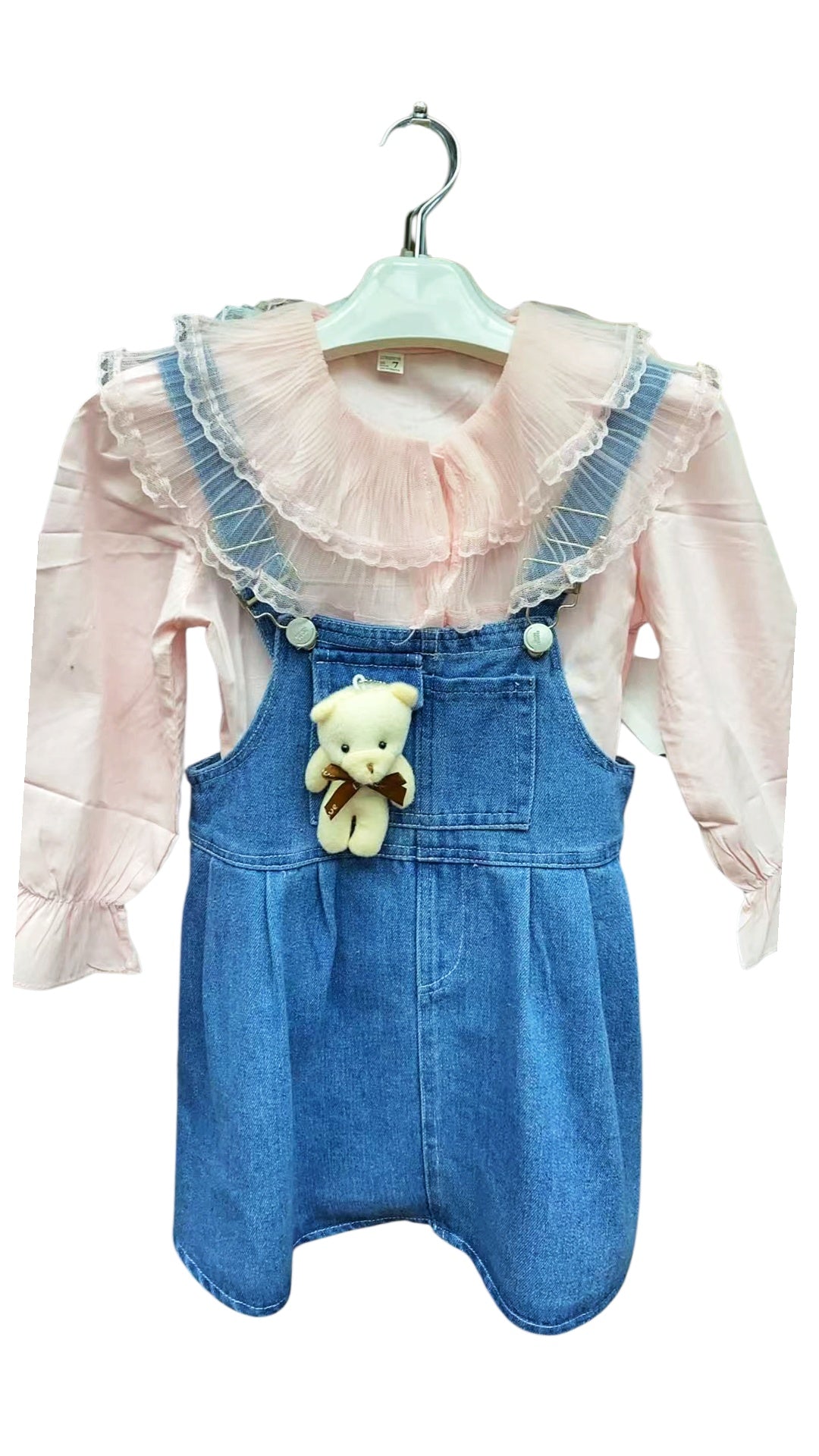 Denim Pinafore Dress with Pink Ruffled Blouse