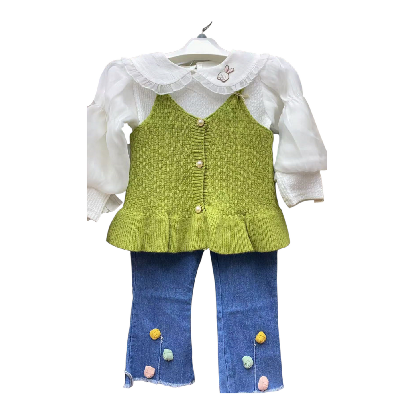 Green Knitted Vest, Bunny Collar Top & Embellished Jeans