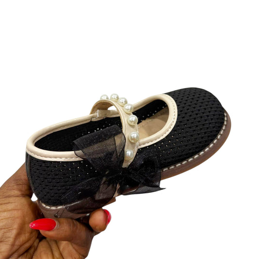 charming black shoes with an adorable transparent black bow and beads design