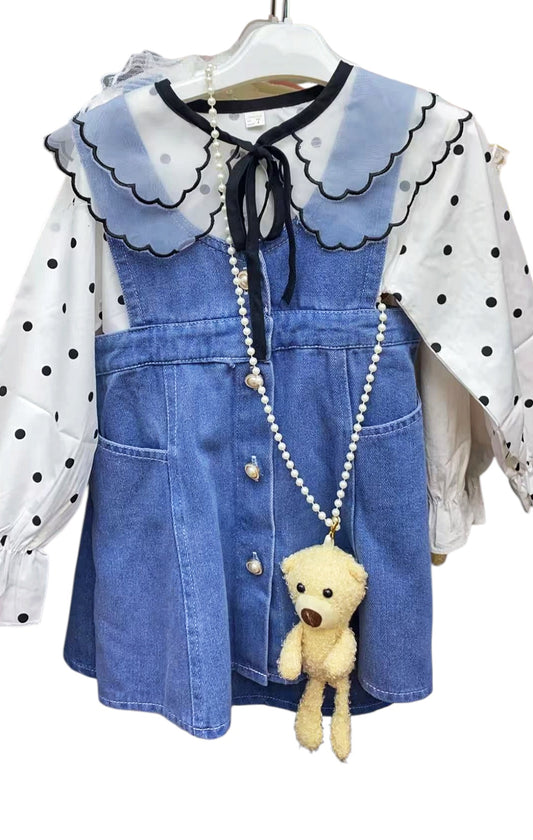 Girls’ Denim Dress Set with Polka Dot Top